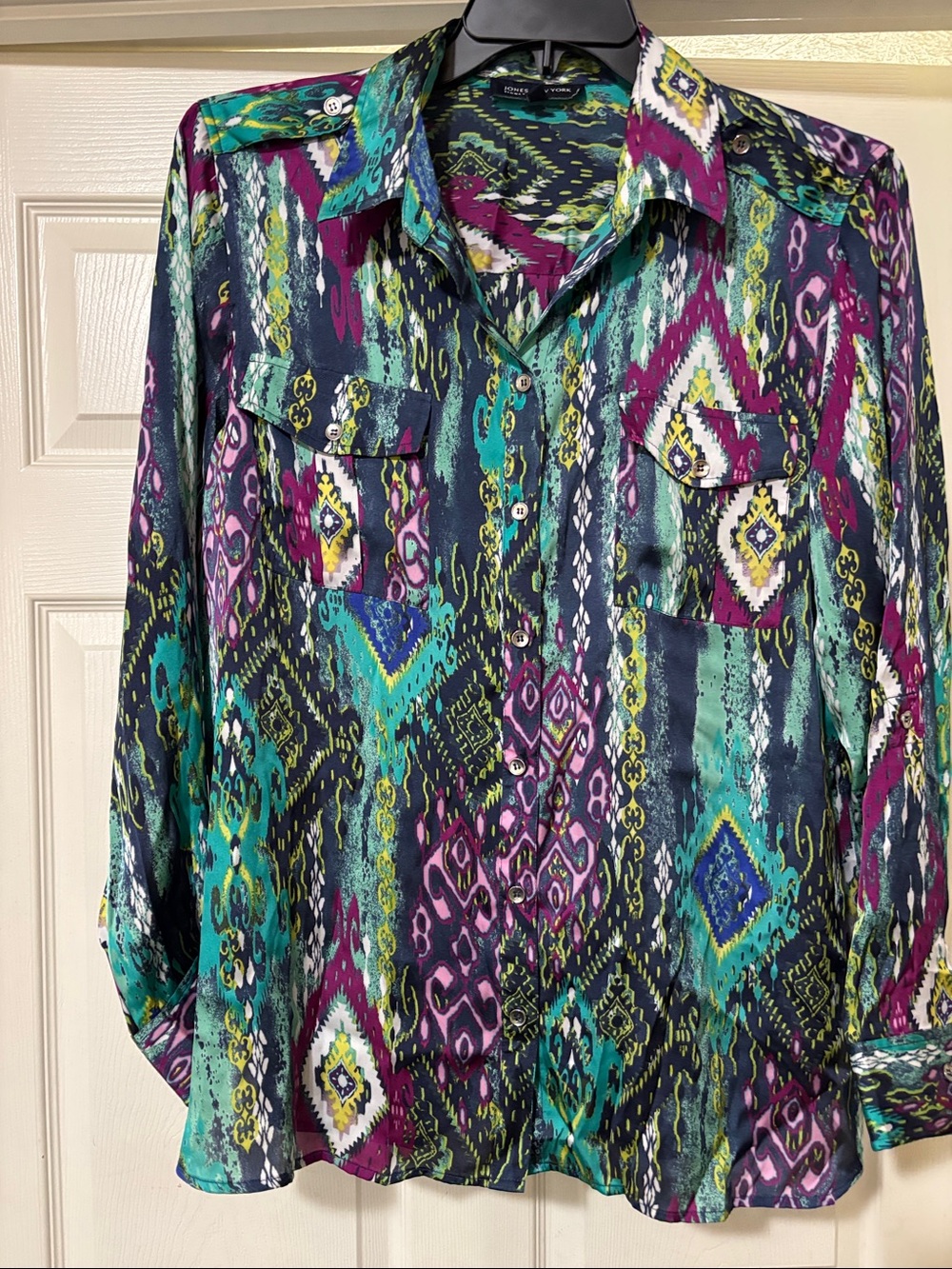 Jones New York Multicolor Printed Button-Down Shirt — Teal, Purple & Navy